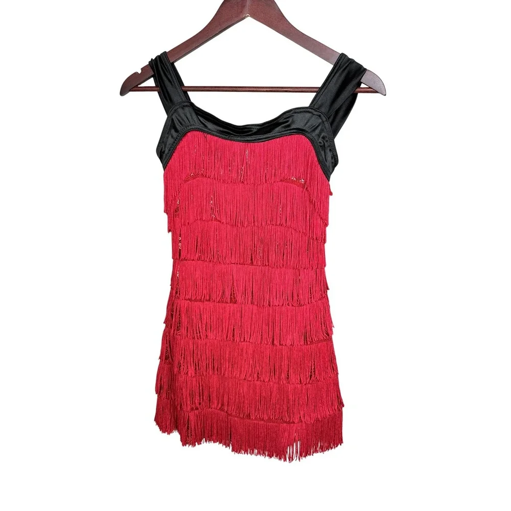 Weissman Dance Costume Dress Kids LC Red Nylon Spandex Fringe Sequin 8810